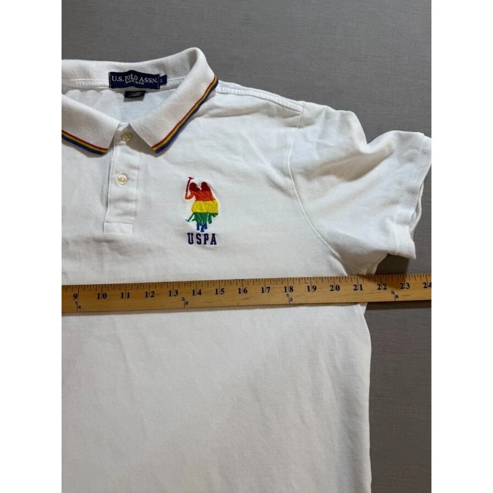 U.S. Polo ASSN. Polo Rainbow Pride Logo Shirt Adult L White Short Sleeve Button.